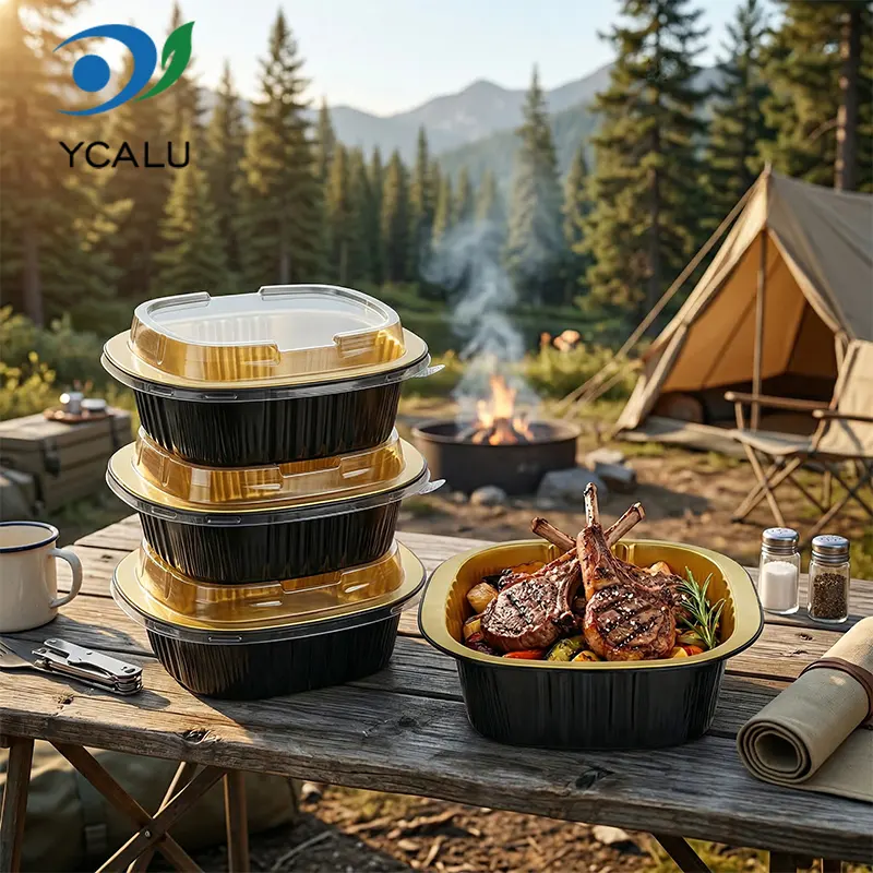 डिस्पोजेबल बाइनॉरल स्क्वायर बॉक्स ब्लैक गोल्ड एल्युमिनियम फॉयल कंटेनर